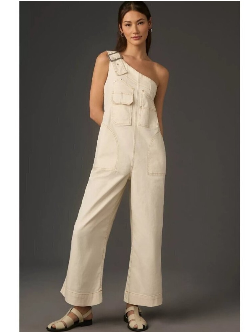 Anthropologie X Pilcro One Shoulder Utility Overalls Ivory Cream Wide Leg Denim
